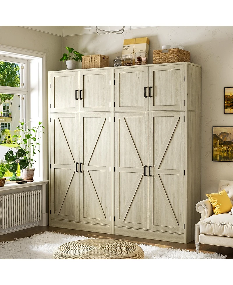 Aheaplus 71" Tall Wooden Pantry Cabinet with Shelves, Kitchen Storage 4 Barn Doors