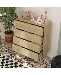 Homsee 5-Drawer Chest of Drawers Rattan Door Cabinet with Golden Handles | Modern Wood Grain Storage Organizer for Living Room, Bedroom