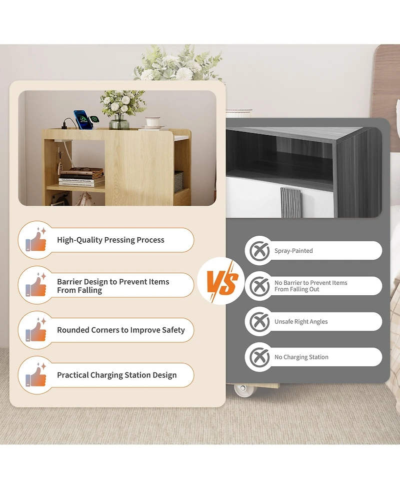 homfan End Table with Charging Station, Mobile Side Table with Drawer and Adjustable Shelf, Locking Wheels Nightstand for Living Room or Bedroom