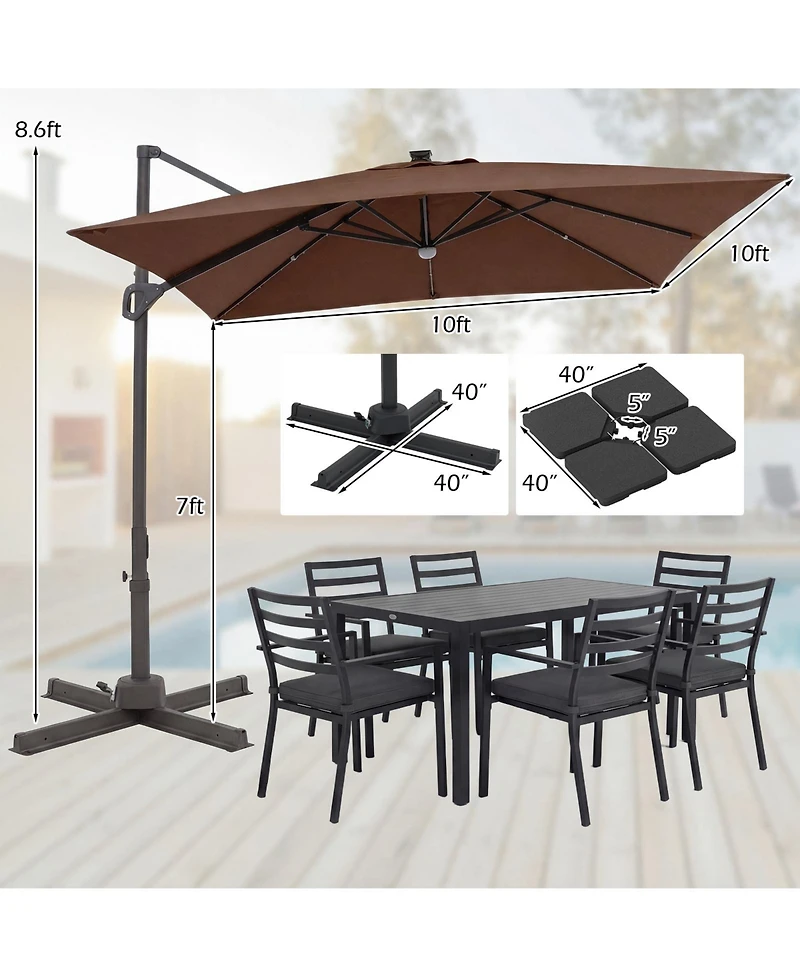 Gymax 10 Ft Cantilever Outdoor Umbrella w/ 32 Solar Led Lights and 220 Lbs Base