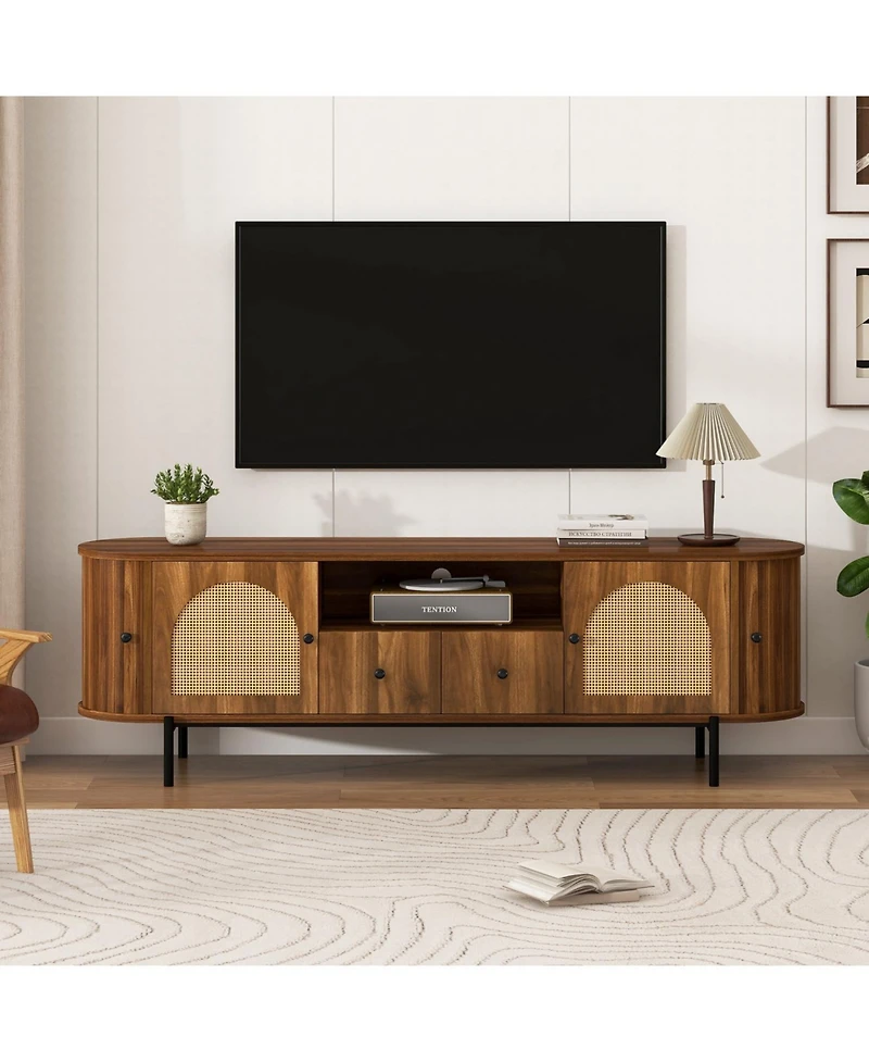 Rainsken American Style Tv Stand, Hidden Storage, with Rattan Arched Doors, Steel Legs, Rounded Corners, for Living Room