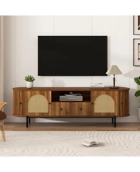 Rainsken American Style Tv Stand, Hidden Storage, with Rattan Arched Doors, Steel Legs, Rounded Corners, for Living Room