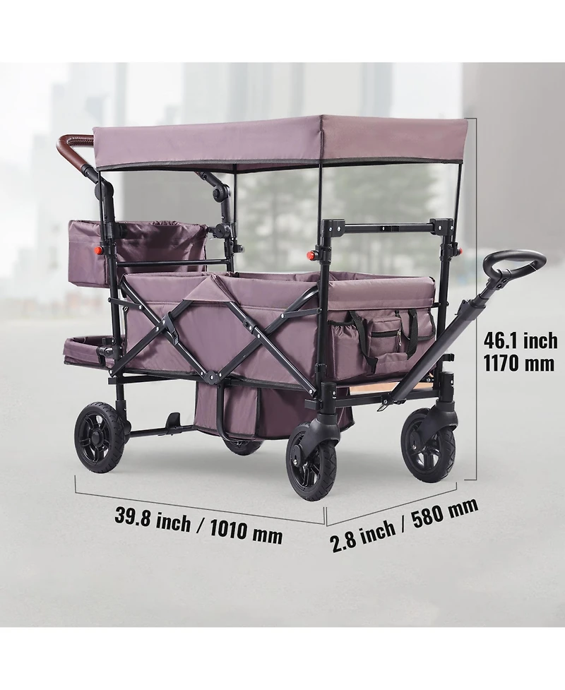 Rainsken Wagon Stroller for 2 Kids, Push Pull Collapsible Utility Cart with Adjustable Handle, Encircling Harness and Removable Canopy for Outdoors