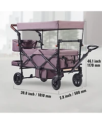 Rainsken Wagon Stroller for 2 Kids, Push Pull Collapsible Utility Cart with Adjustable Handle, Encircling Harness and Removable Canopy for Outdoors