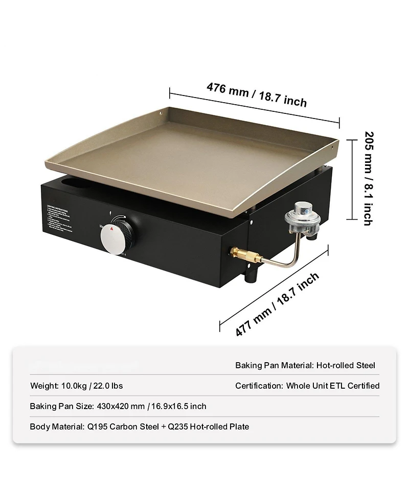 Cozito Countertop Gas Griddle, 16.9 inches Manual Flat Top with Steel Plate and 22,000 Btu Output