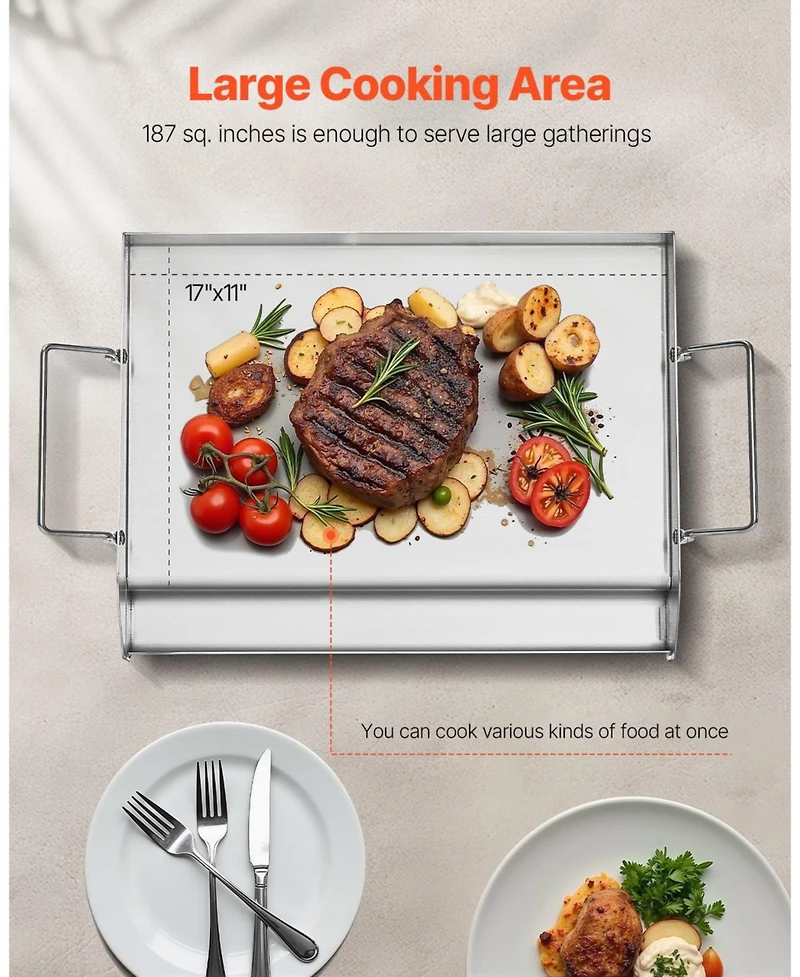 Cozito Stainless Steel Griddle, 17 x 13 inches Flat Top Gas Grill Plate with Handles