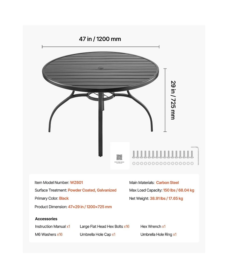 Cozito Outdoor Patio Dining Table, 47 inches Round Steel Slat Table with Umbrella Hole