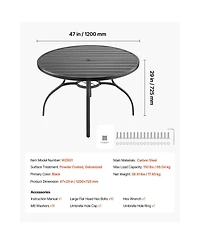 Cozito Outdoor Patio Dining Table, 47 inches Round Steel Slat Table with Umbrella Hole