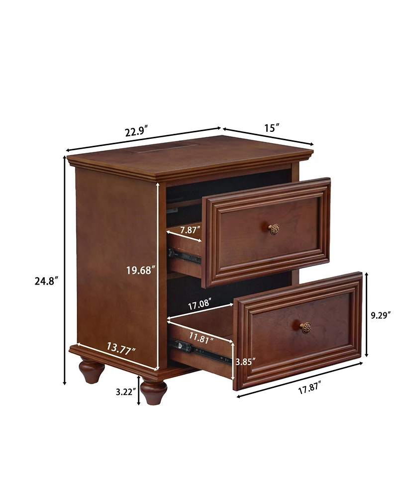 Rainsken 22.9" Retro Night Stands, with Charging Station and Outlet Hole and 2 Drawers, Side Cabinet, for Living Room Entryway Reception Room