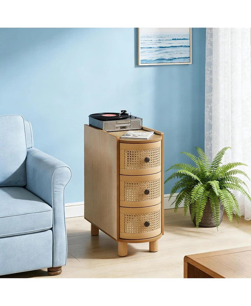 Rainsken 3 Drawer Rattan Nightstand with Embossed Handles, Solid Wood End Table