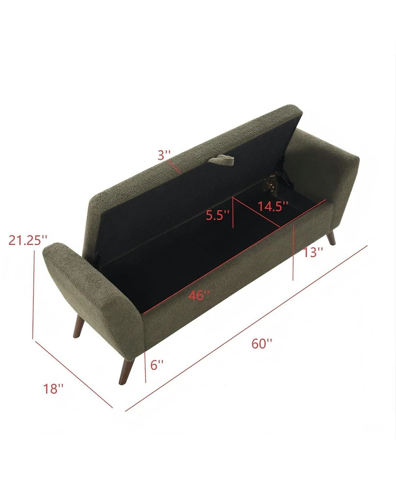 Rainsken 60' inch Modern Storage Bench, with Mid-Centruy Wood Legs, Hidden Storage, Comfort Padded Seat