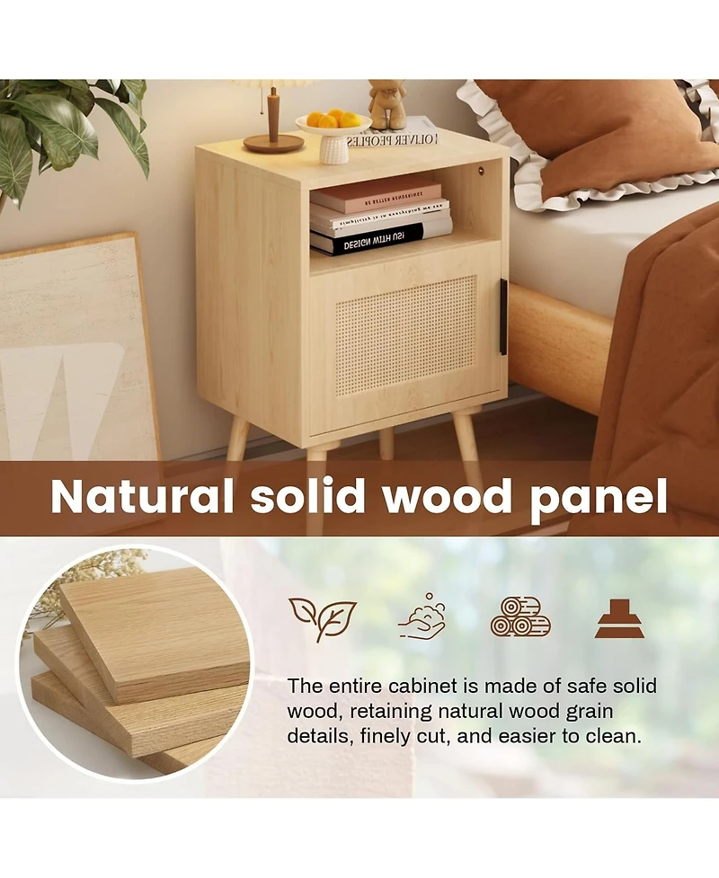 Rainsken Rattan Nightstand, Bedside End Table with Door Open Shelf, Side Table with Solid Wood Legs for Bedroom, Dorm and Small Spaces