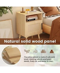 Rainsken Rattan Nightstand, Bedside End Table with Door Open Shelf, Side Table with Solid Wood Legs for Bedroom, Dorm and Small Spaces