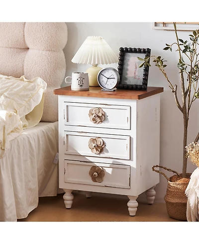 Rainsken 3 Drawers Vintage Nightstand, Wood End Table with Floral Knobs and Gourd Legs, Bedside or Sofa Accent Table for Living Room, Bedroom