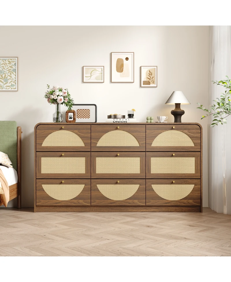 Rainsken 9 Drawer Dresser, Rattan Wide Particle Board Chest, Space Saving Storage Organizer