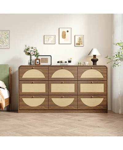 Rainsken 9 Drawer Dresser, Rattan Wide Particle Board Chest, Space Saving Storage Organizer