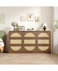 Rainsken 9 Drawer Dresser, Rattan Wide Particle Board Chest, Space Saving Storage Organizer