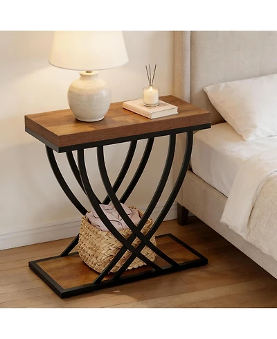 Rainsken Narrow 2-Tier Nightstand, Industrial Bedside Table with 2 Open Shelves and Metal Frame, Wood End Table for Living Room, Bedroom