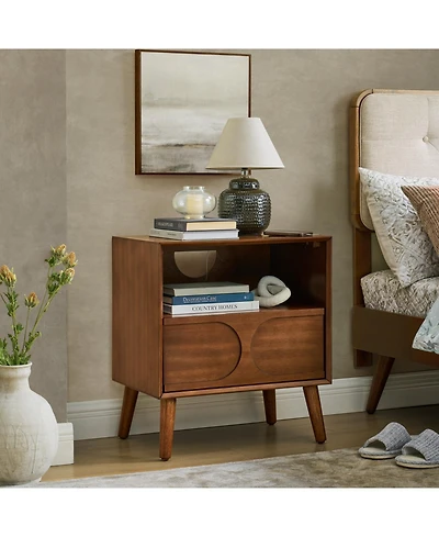 Rainsken Modern Fluted Nightstand, with Charging Station Usb Ports and Outlet Hole, 4 Solid Wood Legs, for Bedroom Living Room