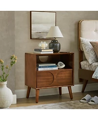 Rainsken Modern Fluted Nightstand, with Charging Station Usb Ports and Outlet Hole, 4 Solid Wood Legs, for Bedroom Living Room