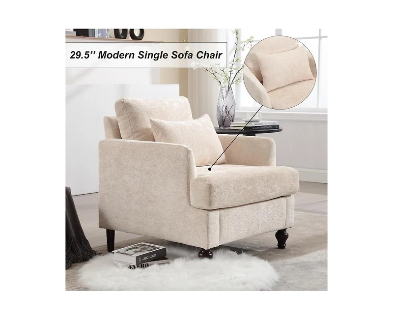 Rainsken Modern Accent Chair with Studded, Upholstered Chenille Armchair, Solid Wood Frame, for Living Room, Apartment, Bedroom