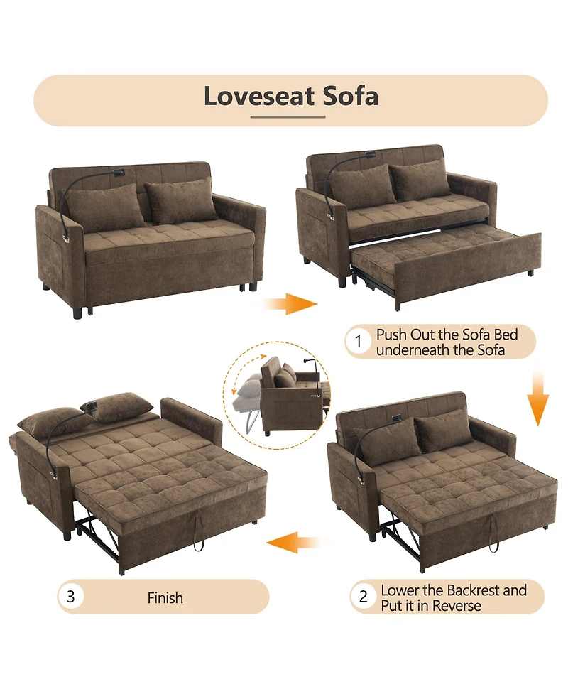 Rainsken 56.9" Loveseat Sofa Couch, Pull-Out Sleeper Sofa Bed with a Reversible Backrest Cushion, 2 Usb Ports and a Phone Holder for Living Room