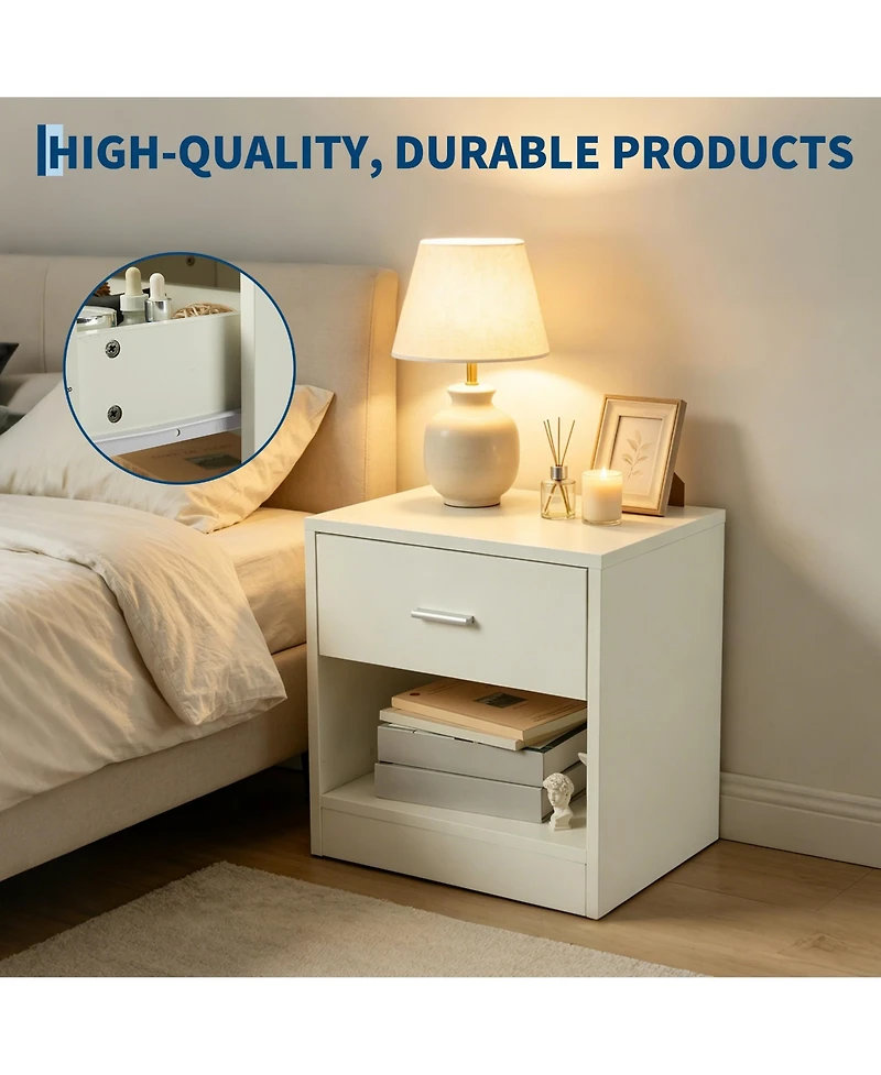 homfan Compact Nightstand with Drawer and Open Shelf, Modern End Table for Bedroom and Living Room, Multiple Finishes