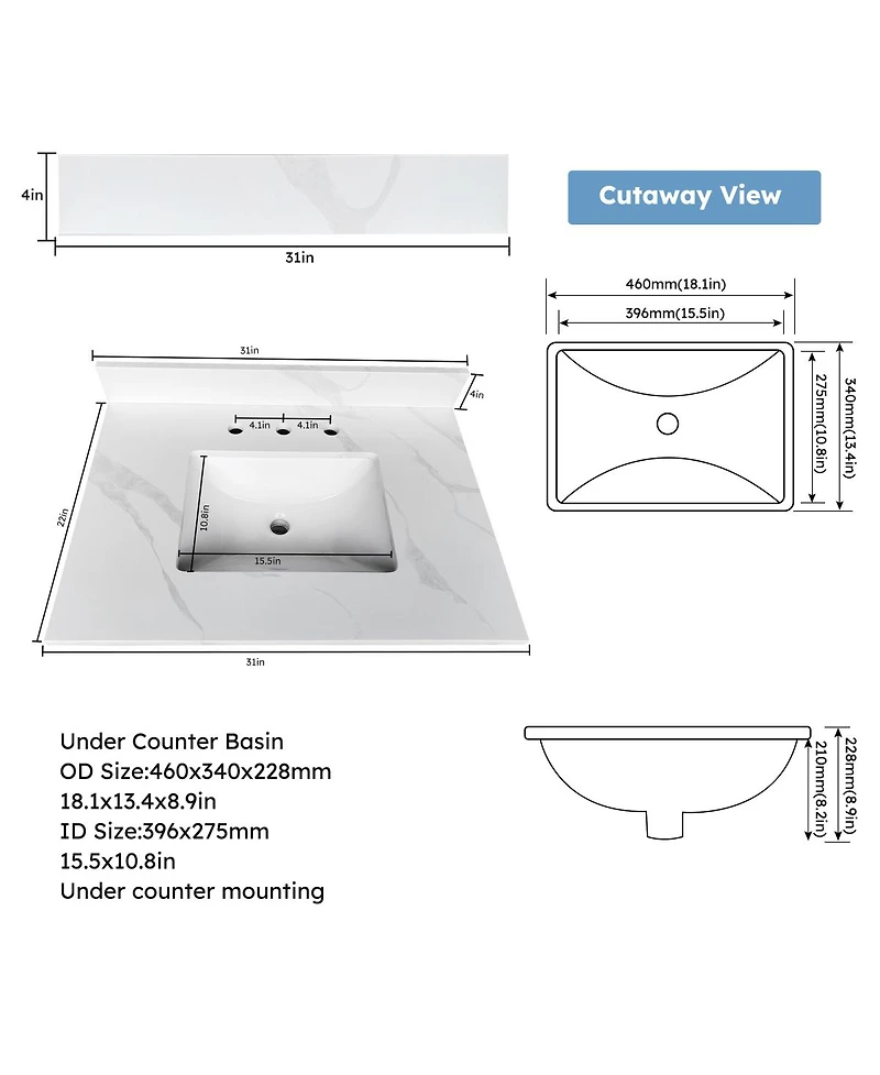 Sillysis Quartz Bathroom Vanity Top with Undermount Sink, Carrara Marble Look, 4" Backsplash, Stain and Water Resistant