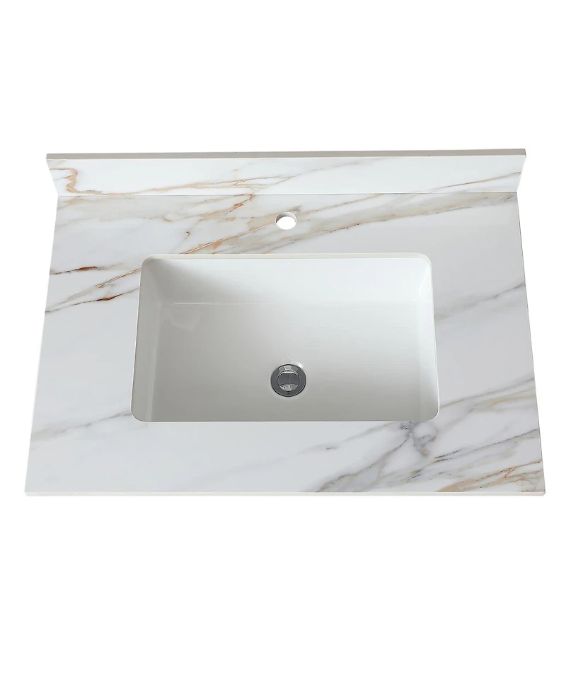 Sillysis Sintered Stone Bathroom Vanity Top with Ceramic Sink, Carrara Marble Look, 4" Backsplash, Water Stain and Scratch Resistant