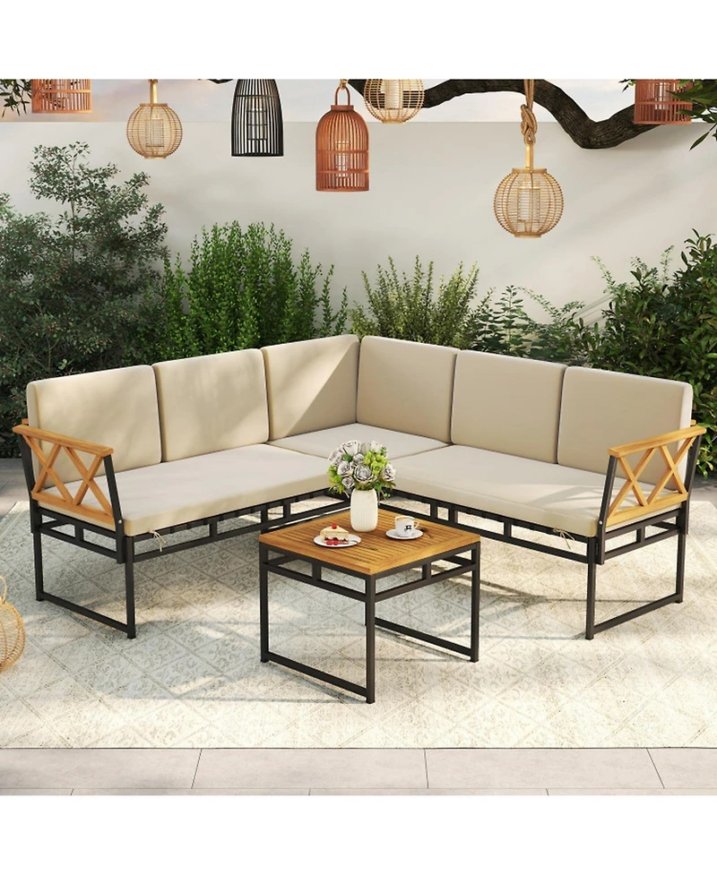 Gouun Piece Shaped Patio Sofa Set with Acacia Wood Accents and Side Table