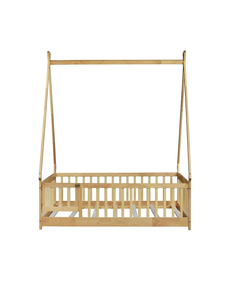 Clihome Full Rubber Wood Tent-shaped Floor Bed,with Guardrails,Slats and Door