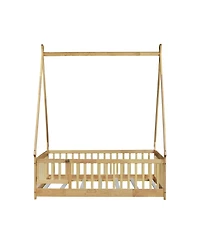 Clihome Full Rubber Wood Tent-shaped Floor Bed,with Guardrails,Slats and Door
