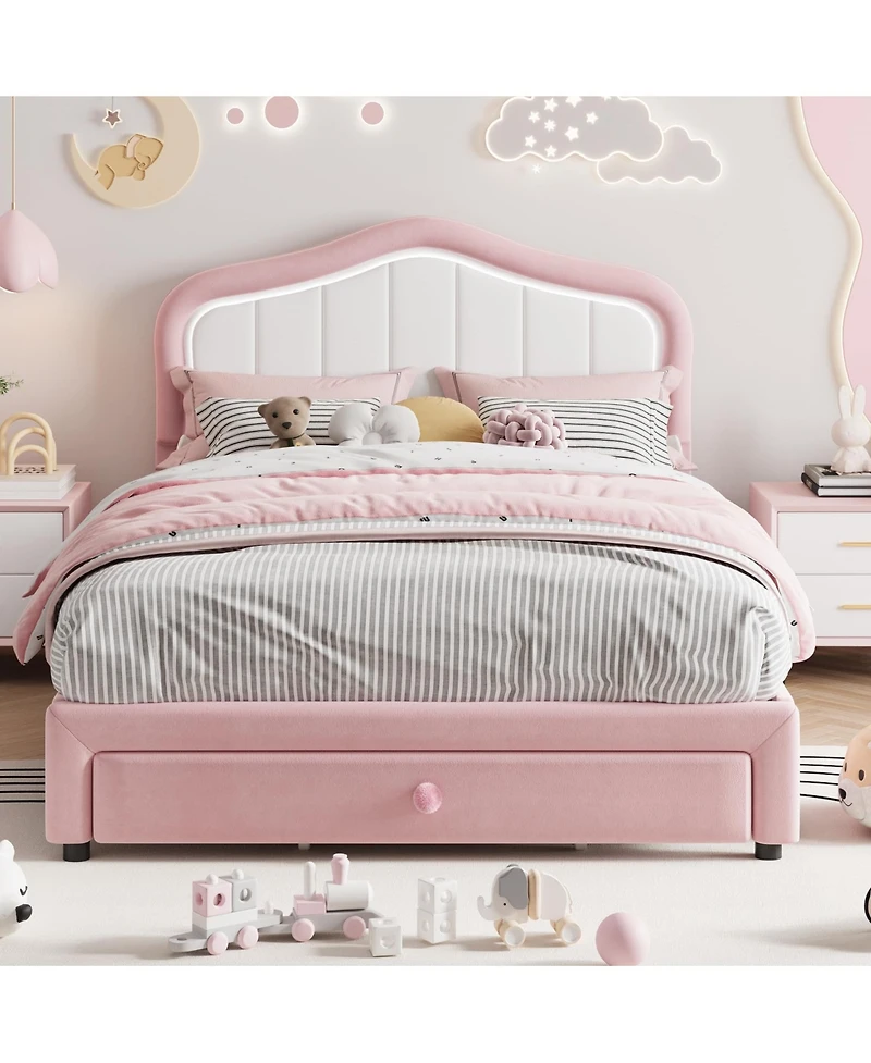 homfan Upholstered Platform Bed Frame with Led Headboard, Storage Drawer, Wood Slat Support, No Box Spring Required