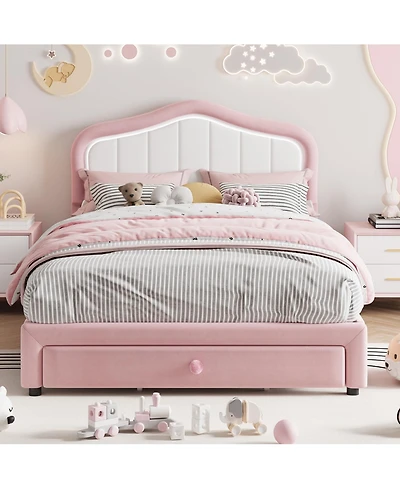 homfan Upholstered Platform Bed Frame with Led Headboard, Storage Drawer, Wood Slat Support, No Box Spring Required