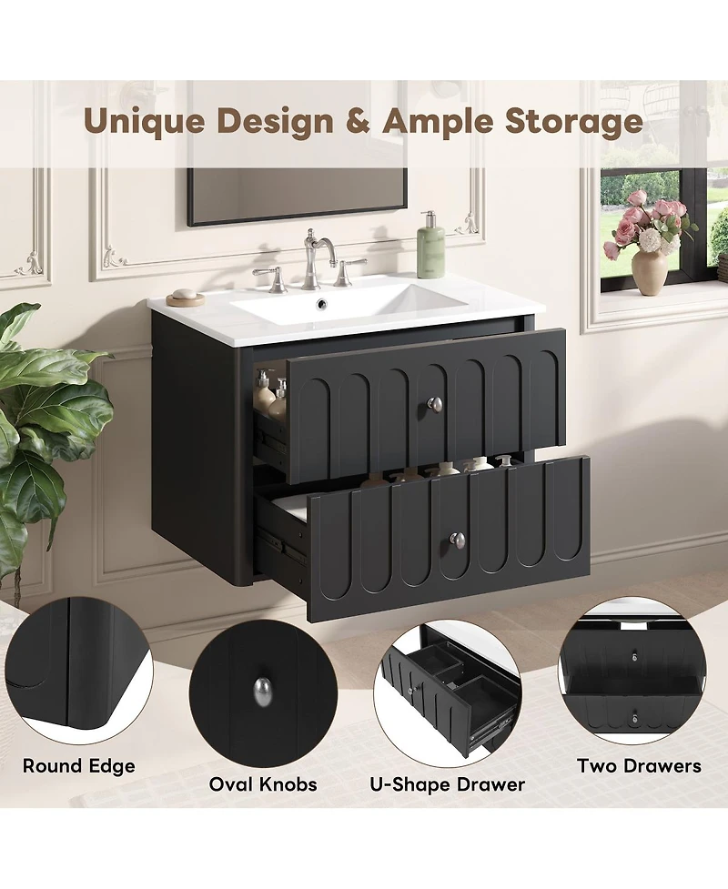 Sillysis 30 Inch Floating Bathroom Vanity with Sink, Modern Wall Mounted Cabinet, Soft Close Drawers, Space Saving Storage