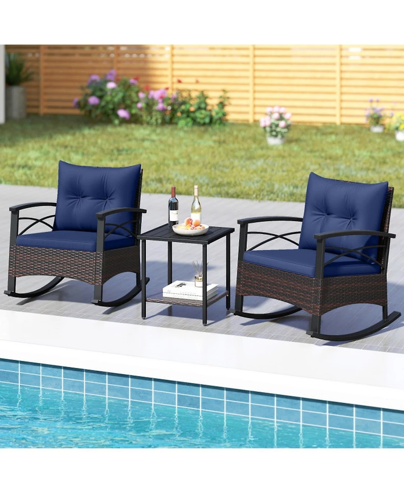 Gouun 3-Piece Pe Rattan Rocking Bistro Set with Acacia Wood Table and Cushions