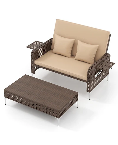 Gouun 2-Piece Rattan Daybed Set with 4-Level Adjustable Backrest and Storage Ottoman