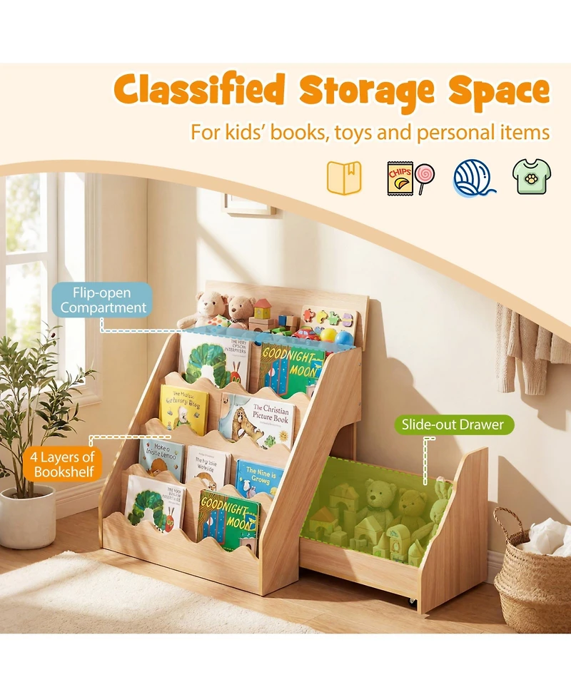 Costway Kids Bookshelf and Toy Storage Organizer with Rolling Drawer Cart, 4 Tier Book Shelf