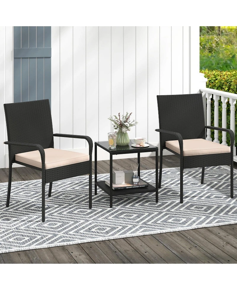 Gouun 3-Piece Pe Rattan Patio Set with Cushioned Chairs and 2-Tier Glass Table