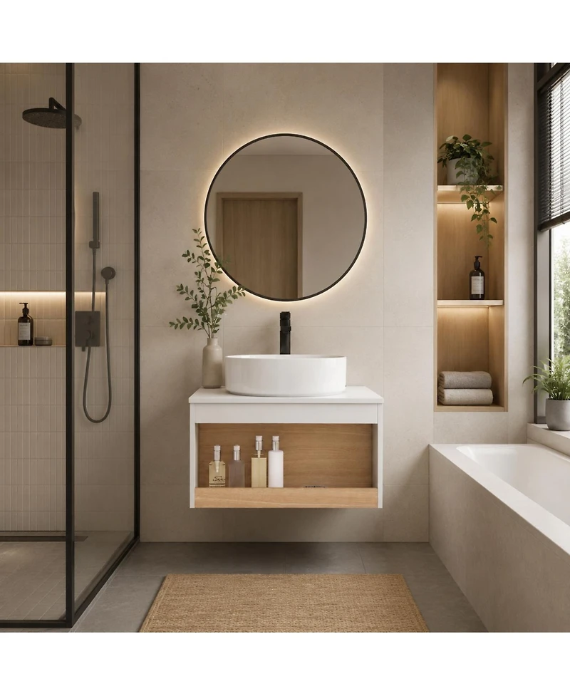 Phying 24 Inch Floating Bathroom Vanity Modern Wall Mounted Vanity with Open Shelf Storage and Durable Countertop Space Saving Bathroom Cabinet