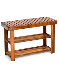 Gouun Freestanding Acacia Wood Storage Bench with 3-Tier Shoe Shelves