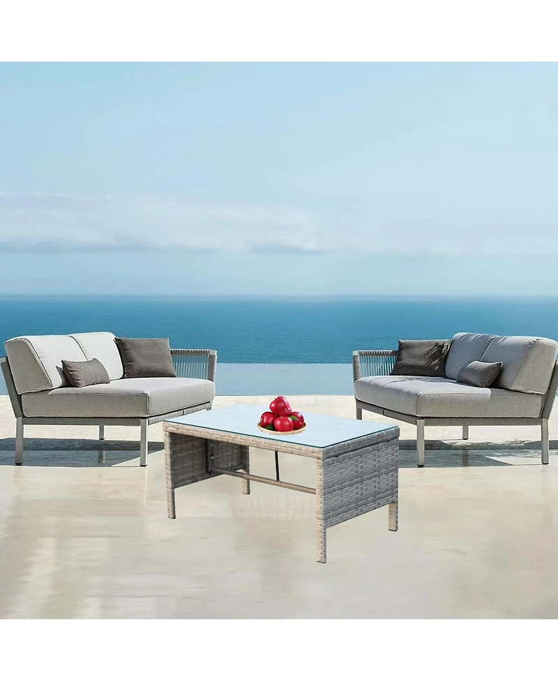 Clihome Outdoor Wicker Coffee Table with Tempered Glass Top - Weather Resistant Patio Table