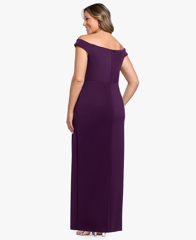 Betsy & Adam Plus Asymmetrical Off-The-Shoulder Gown Dress