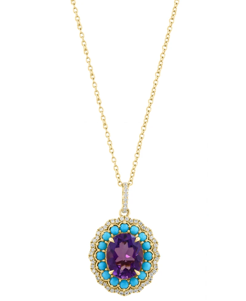 Effy Collection Amethyst (2-2/5 ct. t.w.), Turquoise (3/5 ct. t.w.) & Diamond (1/4 ct. t.w.) Pendant Necklace in 14k Yellow Gold