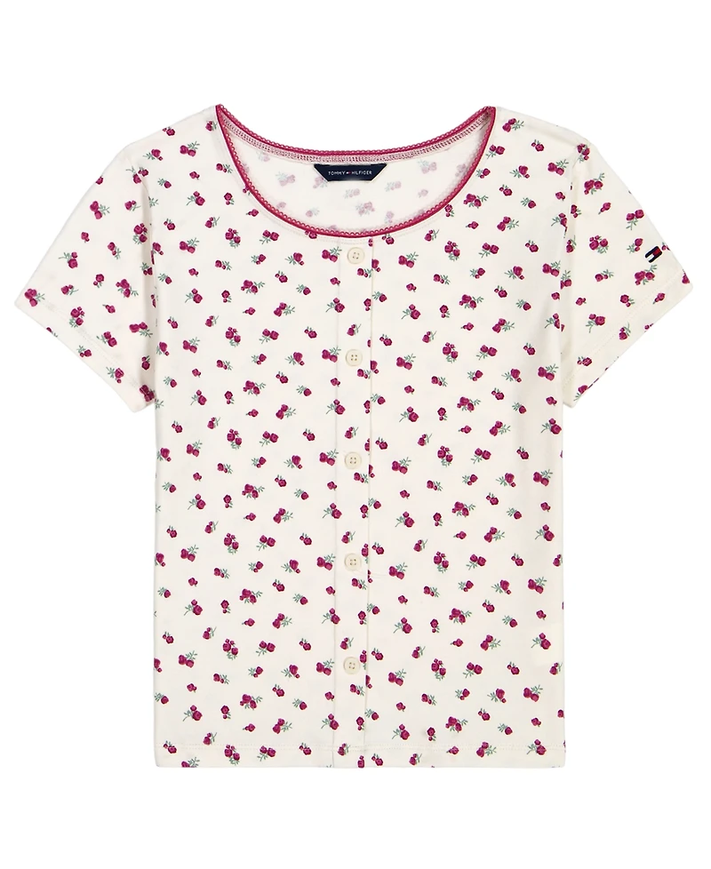 Tommy Hilfiger Girls' 7-16 Printed Henley Short-Sleeve T-Shirt