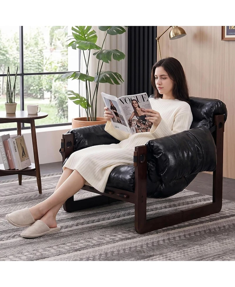 Rainsken Modern Leather Accent Chair, Removable Padded Armrests, Solid Wood Frame Armchair, for Living Room, Bedroom, Lounge, Reading Room