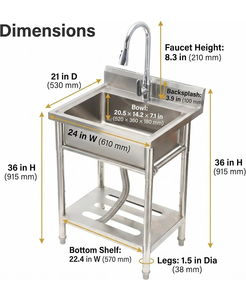 Gaomon Freestanding Stainless Steel Utility Sink Single Bowl Laundry Sink with Pull-Out Faucet Storage Shelf and Backsplash