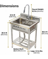 Gaomon Freestanding Stainless Steel Utility Sink Single Bowl Laundry Sink with Pull-Out Faucet Storage Shelf and Backsplash