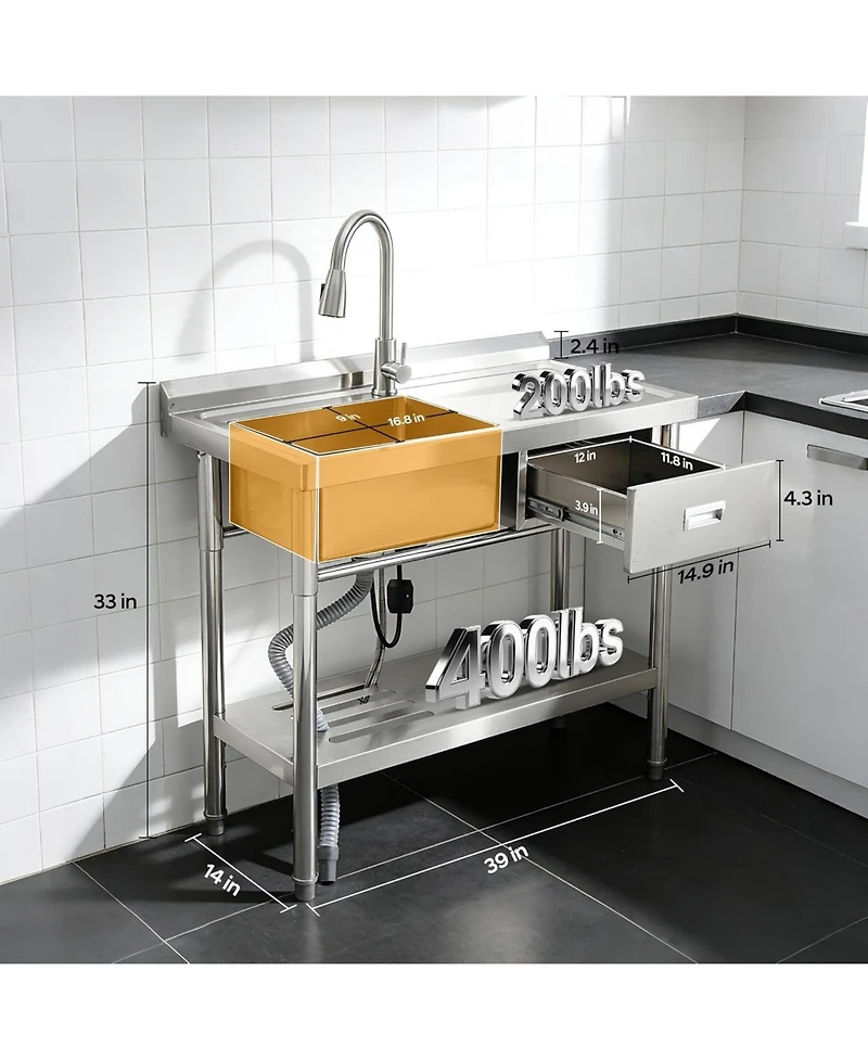 Gaomon Freestanding Stainless Steel Utility Sink Single Bowl with Hot and Cold Faucet Drawer Storage Shelf and Workbench