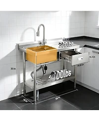 Gaomon Freestanding Stainless Steel Utility Sink Single Bowl with Hot and Cold Faucet Drawer Storage Shelf and Workbench